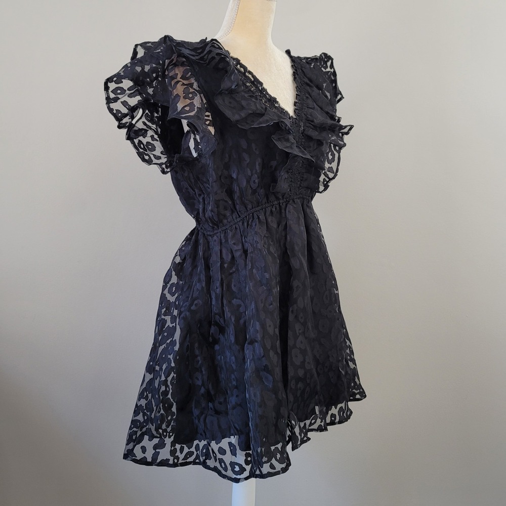 ENTRO Size Large Black Ruffled Flutter Sleeve Sheer Leopard Overlay Mini Dress - Picture 4 of 9